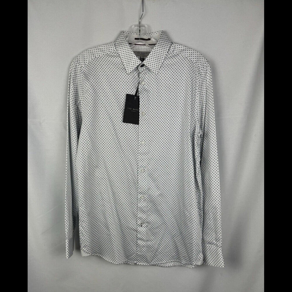 Ted Baker Merci Geo Print Casual Button-Up Cotton Shirt White Size 3 Ted, US M
